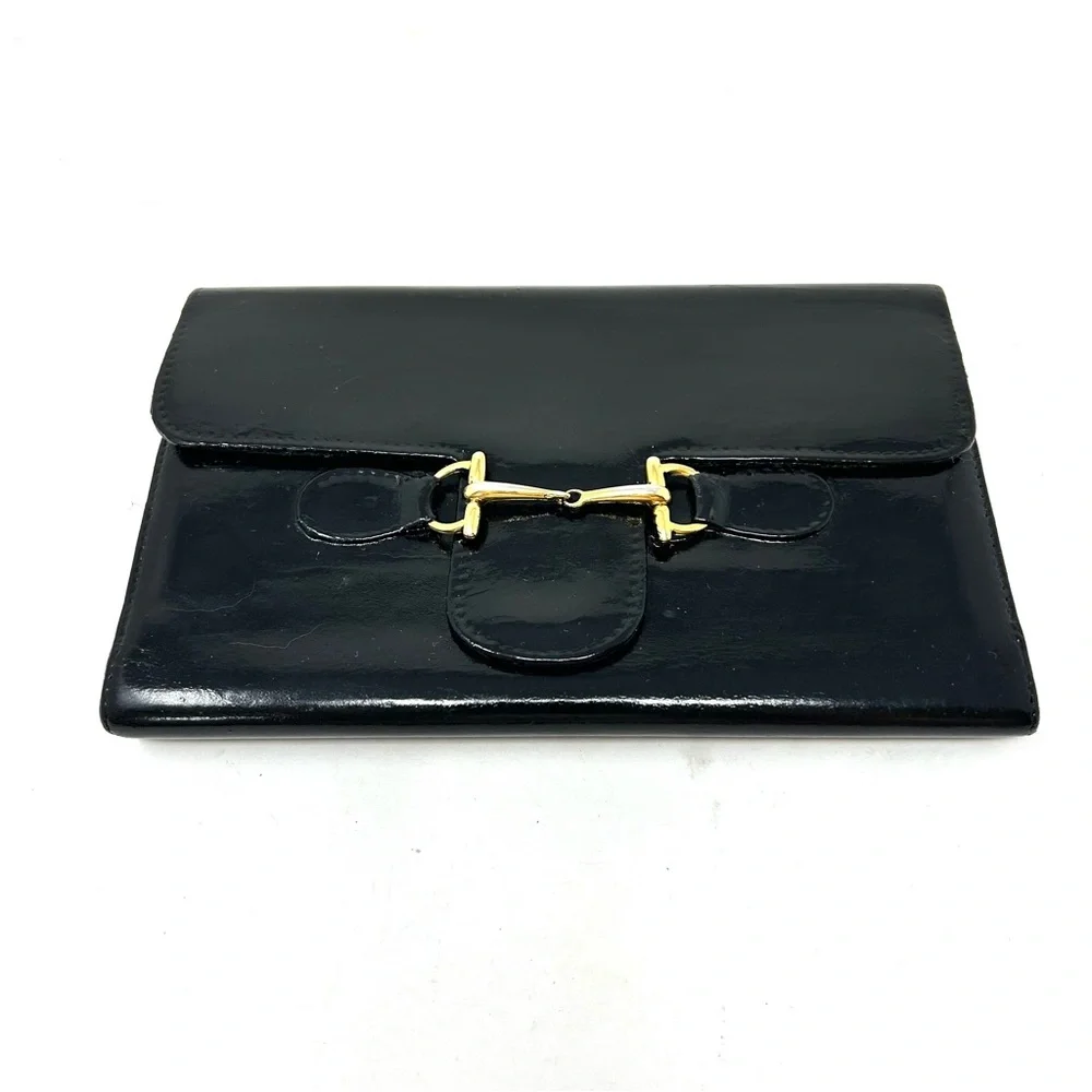 GUCCI horsebit black leather trifold vintage wallet, made in Italy